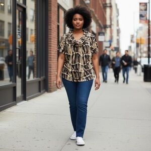 Worthington Top Blouse 2X Brown/Blk Mod Print Twist CowlNeck ShortSleeve Y2K 90s